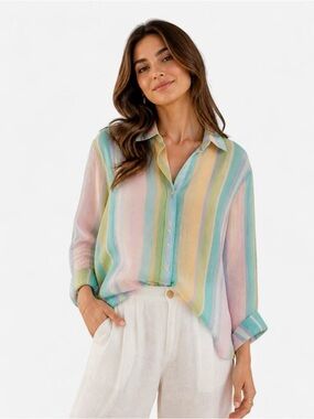 Ralph Lauren Pastel Multi-Stripe Button Down Shirt Vintage 90s 100% Cotton Sz M